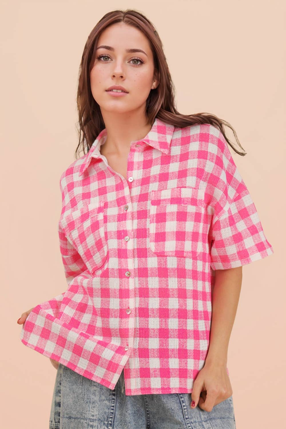 Oversized Checkered Woven Button-Down Shirt by VERY J