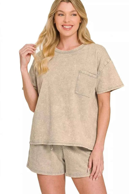 Sleet French Terry Acid Washed Relaxed Top & Short Set by Zenana