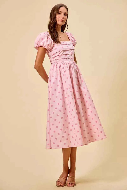 Pink Polka Dot Cotton Midi Dress Short Sleeve w/ Pockets by So Me