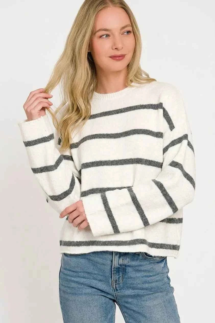 Charcoal Grey Striped Wool Blend Sweater by Zenana
