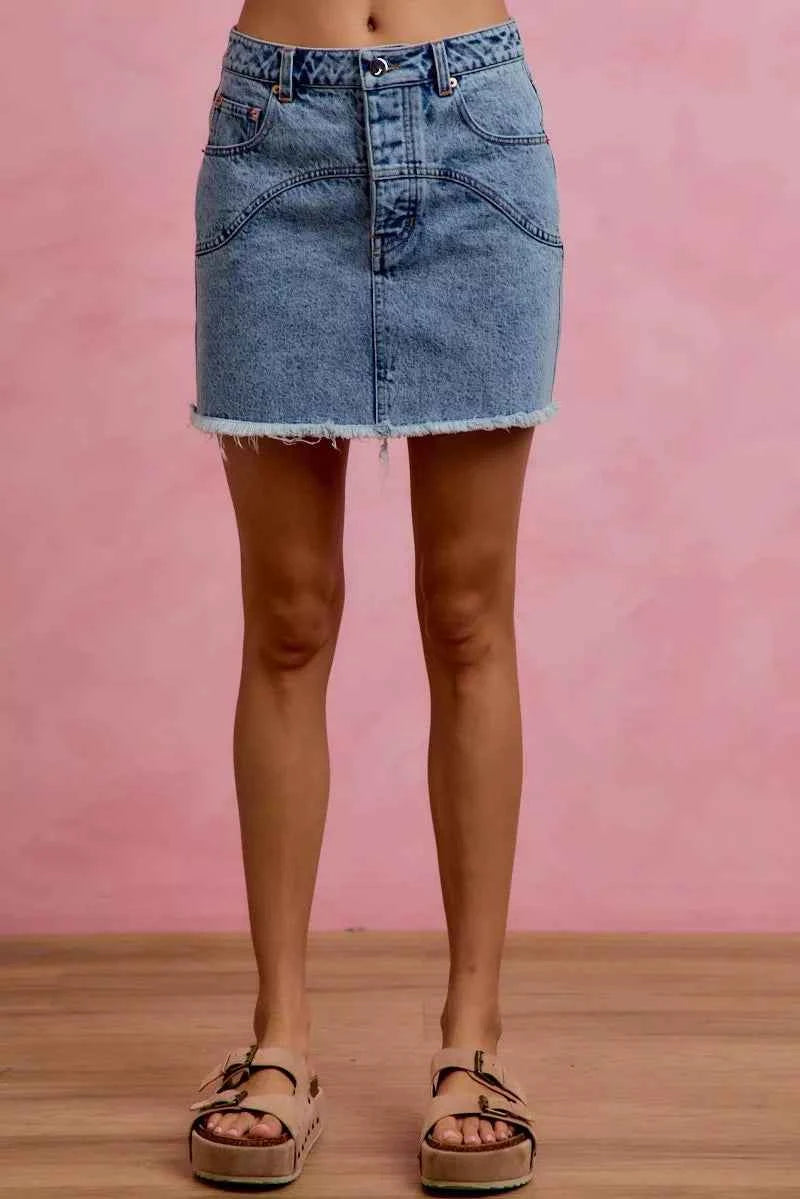Washed Denim Floral Contrast Pockets Mini Skirt by So Me