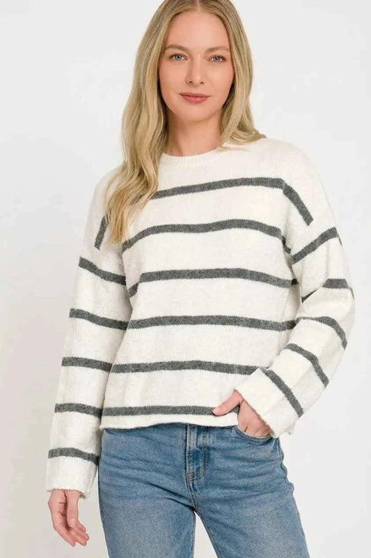 Charcoal Grey Striped Wool Blend Sweater by Zenana