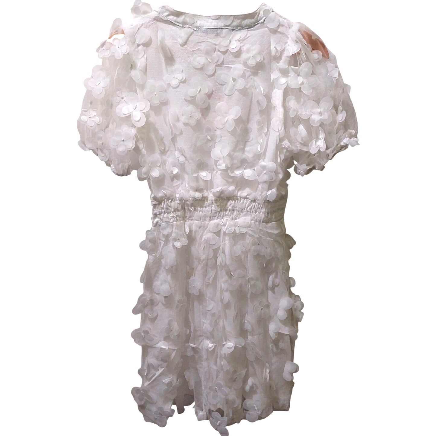 Umgee White 3D Organza Split Neck Dress/Puff Sleeve Dress