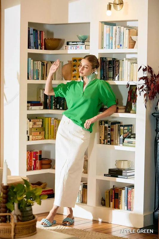 Apple Green Striped Collar Popover Top w/ Contrast Collar by Umgee Full View