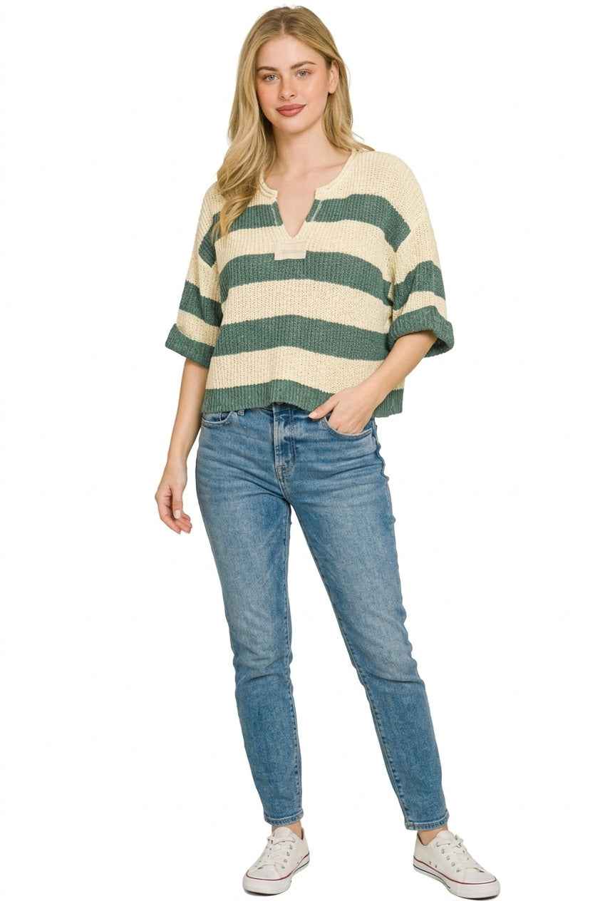 Ash Jade Split Neck Stripe 3/4 Sleeve Sweater by Zenana