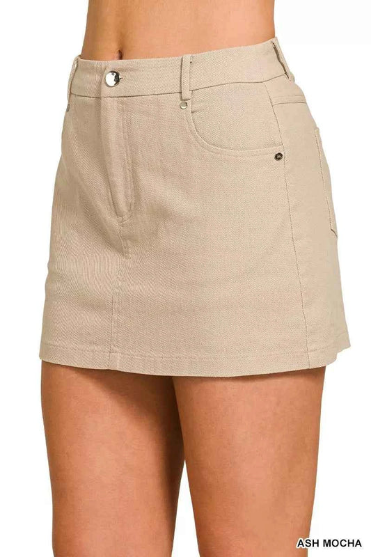 Ash Mocha Cotton Twill Lined Mini Skirt with Pockets by Zenana