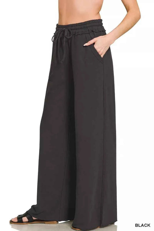 Black French Terry Wide Leg Sweatpants with Pockets by Zenana