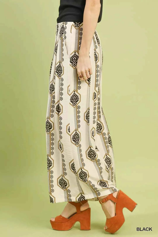 Black Geometric Boho Print Wide Leg Pants with Pockets
