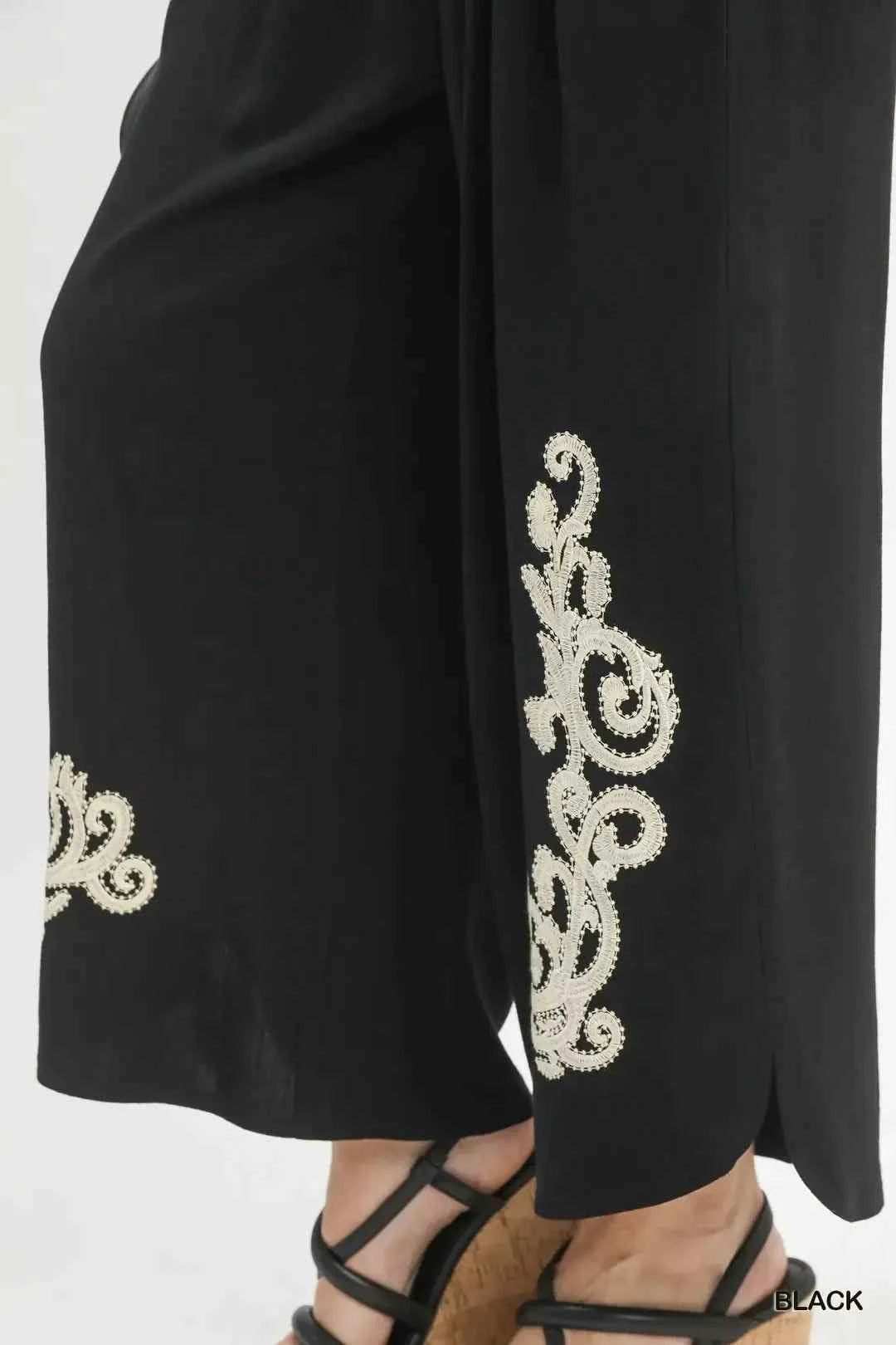 Black Linen Embroidered Wide-Leg Boho Pants with Pockets by Umgee Close View
