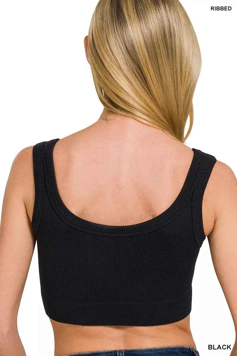Black Seamless Ribbed Scoop Neck Cropped Tank by Zenana