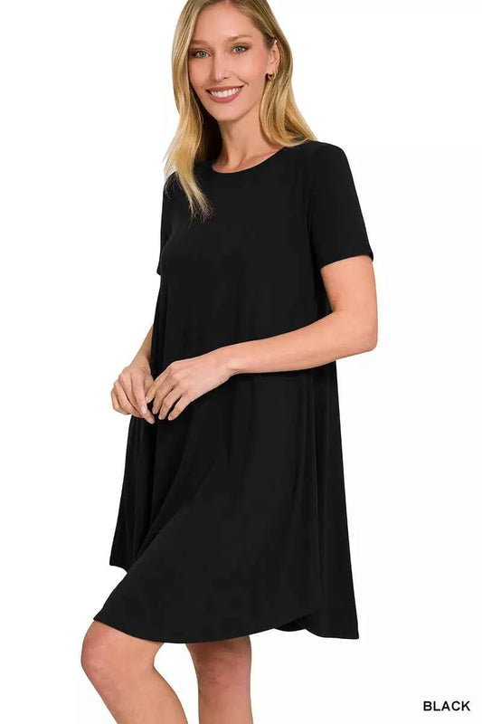 Black Short Sleeve Round Hem A-Line Dress with Side Pockets by Zenana