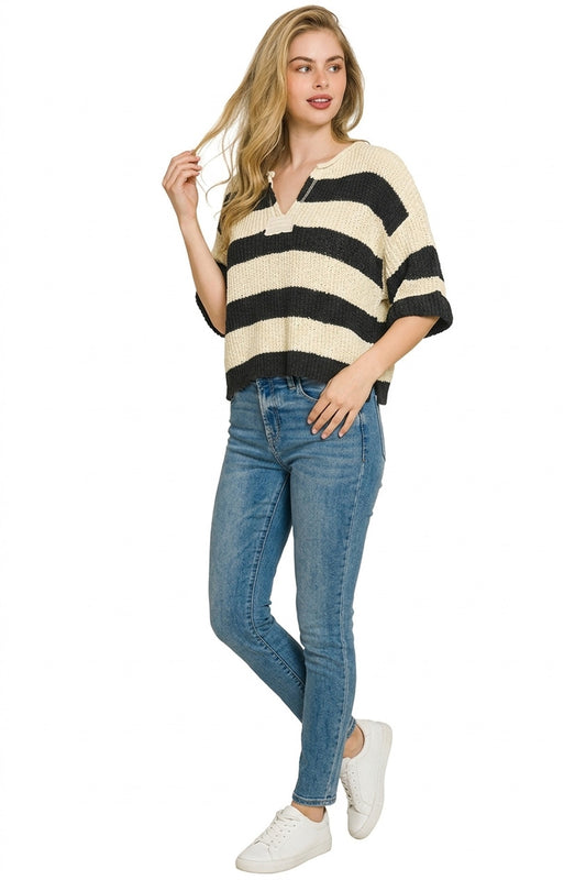 Black Stripe Split Neck 3/4 Sleeve Knit Sweater by Zenana Side View