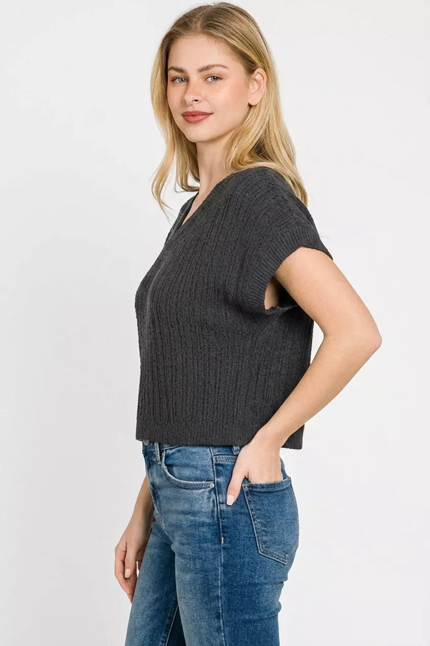 Black Textured Knit V-Neck Cropped Short Sleeve Sweater by Zenana Side View