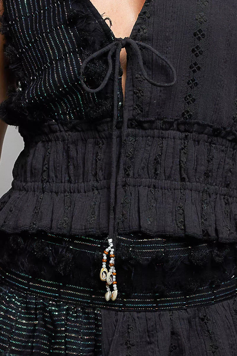 Black V-Neck Cotton Ruffled Crop Cami Top by POL Close View