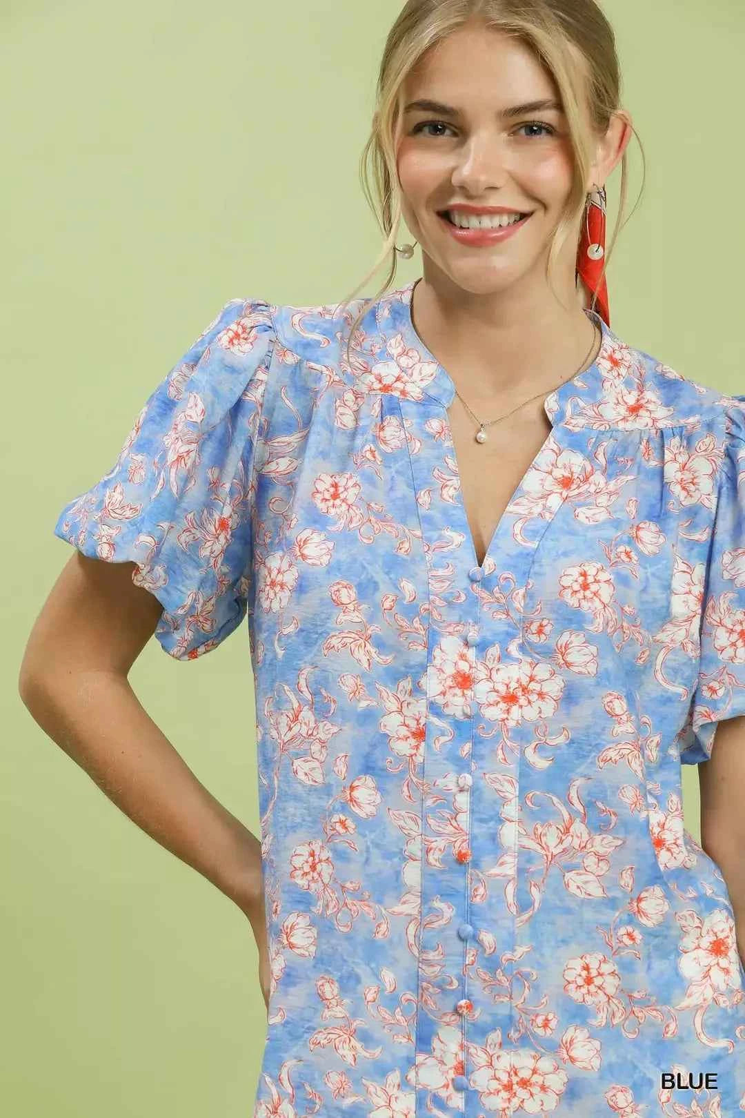 Blue Floral Button-Front Short Sleeve Blouse by Umgee Close View