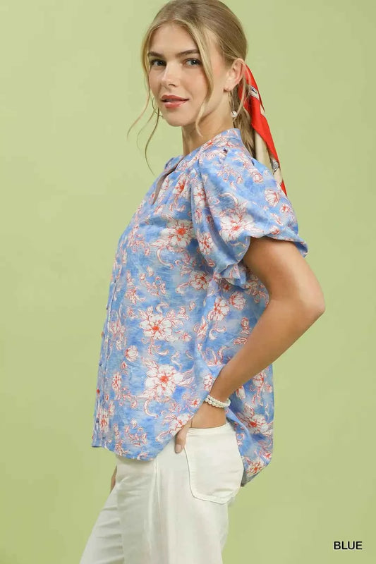 Blue Floral Button-Front Short Sleeve Blouse by Umgee Side View