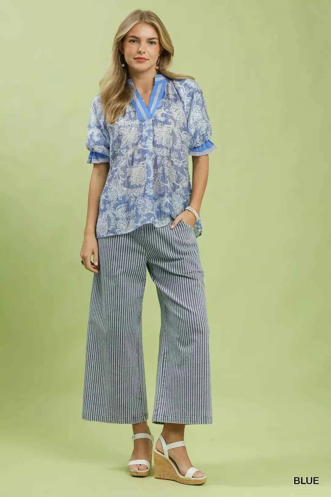 Blue Floral Print Puff Sleeve Top by Umgee Full View