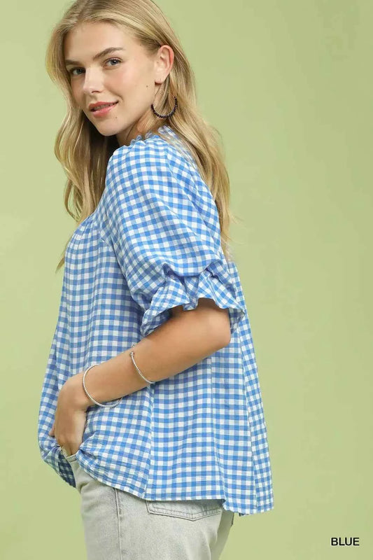 Blue Gingham Check Blouse with Ruffle Sleeves by Umgee
