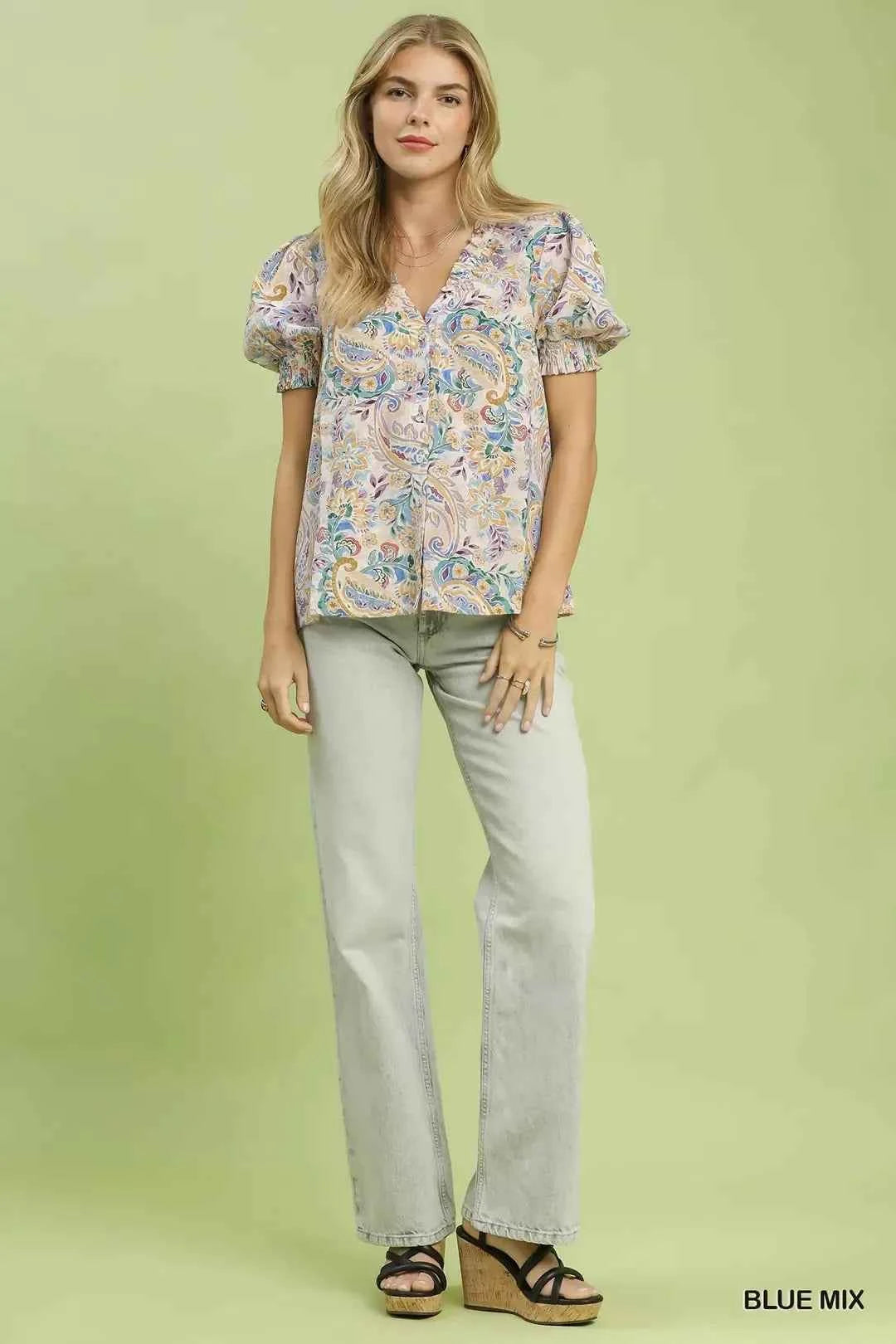 Blue Mix Paisley Floral Button Down Shirt by Umgee Full View