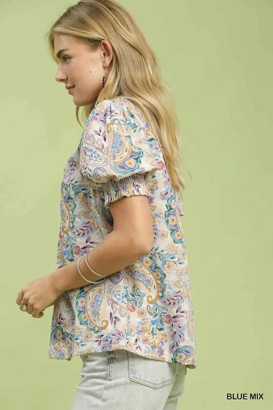 Blue Mix Paisley Floral Button Down Shirt by Umgee Side View