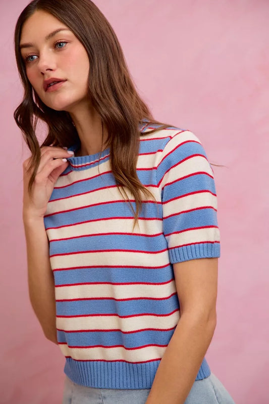Blue Stripe Knit Crew Neck Short Sleeve Sweater Top by SO ME Side View