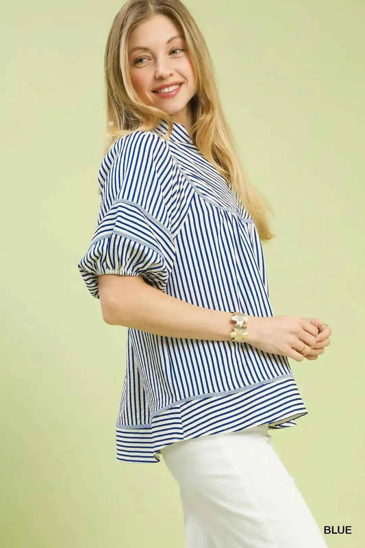 Blue Striped Puff Sleeve Babydoll Top by Umgee