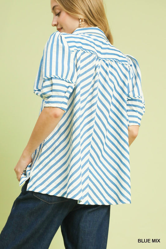 Blue Striped Puff Sleeve Blouse by Umgee Back View