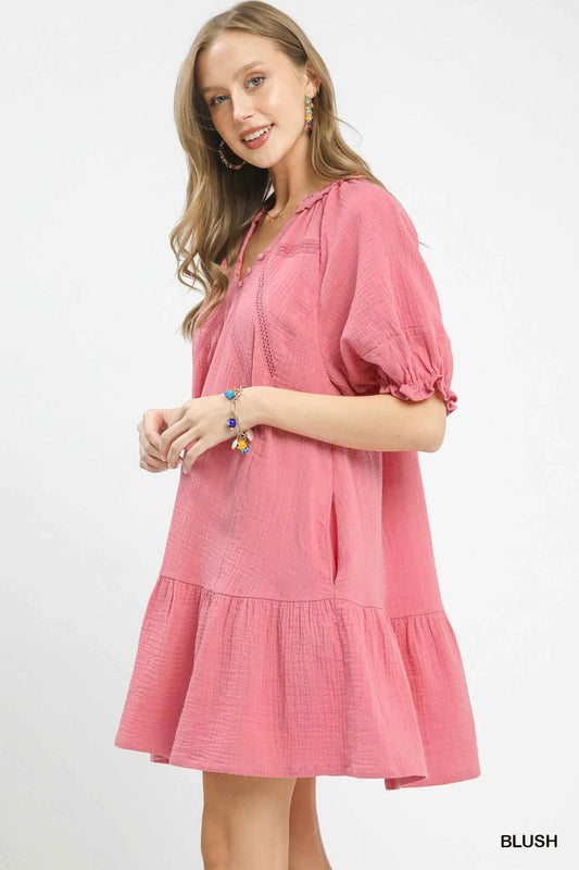 Blush Pink Cotton Gauze Mini Dress w/ Pockets by Umgee