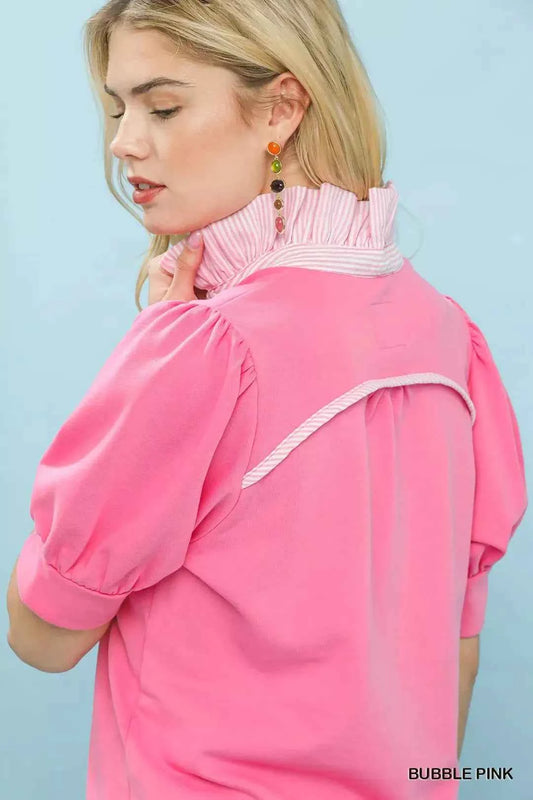 Bubble Pink Contrast Collar Puff Sleeve Top by Umgee