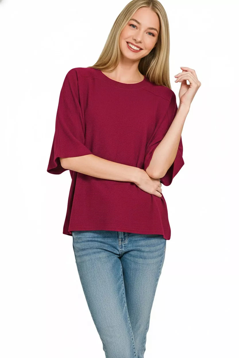 Cabernet Double Knit Short Sleeve Top by Zenana | Soft Everyday Basic Tee Front View2