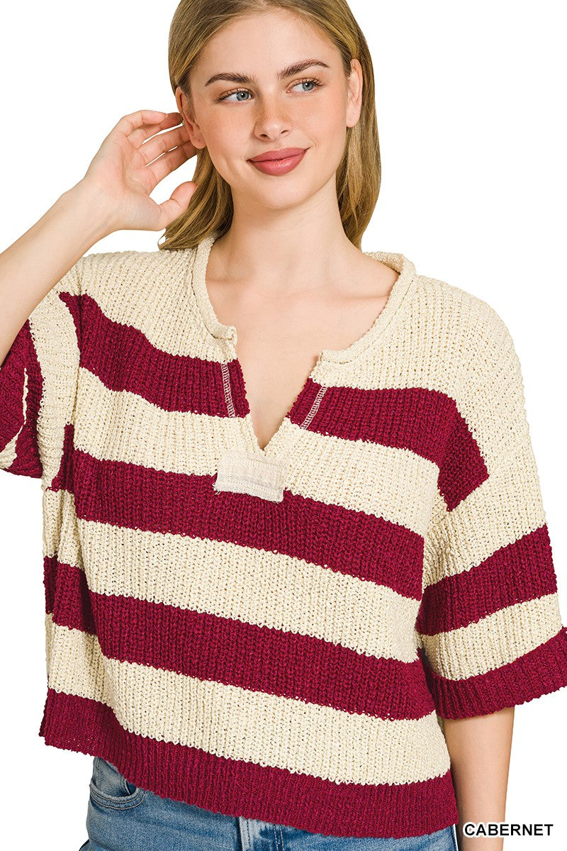 Cabernet Stripe Knit V-Neck Short 3/4 Sleeve Sweater by Zenana Front 2