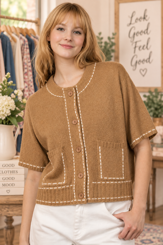 Stitch Detail Button Down Sweater Cardigan Top by VERY J