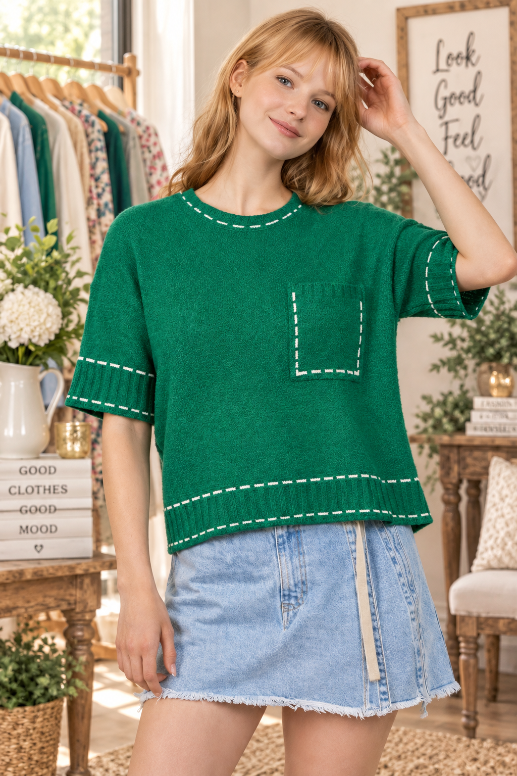 Kelly Green Stitch Detail Knit Sweater Top by VERY J