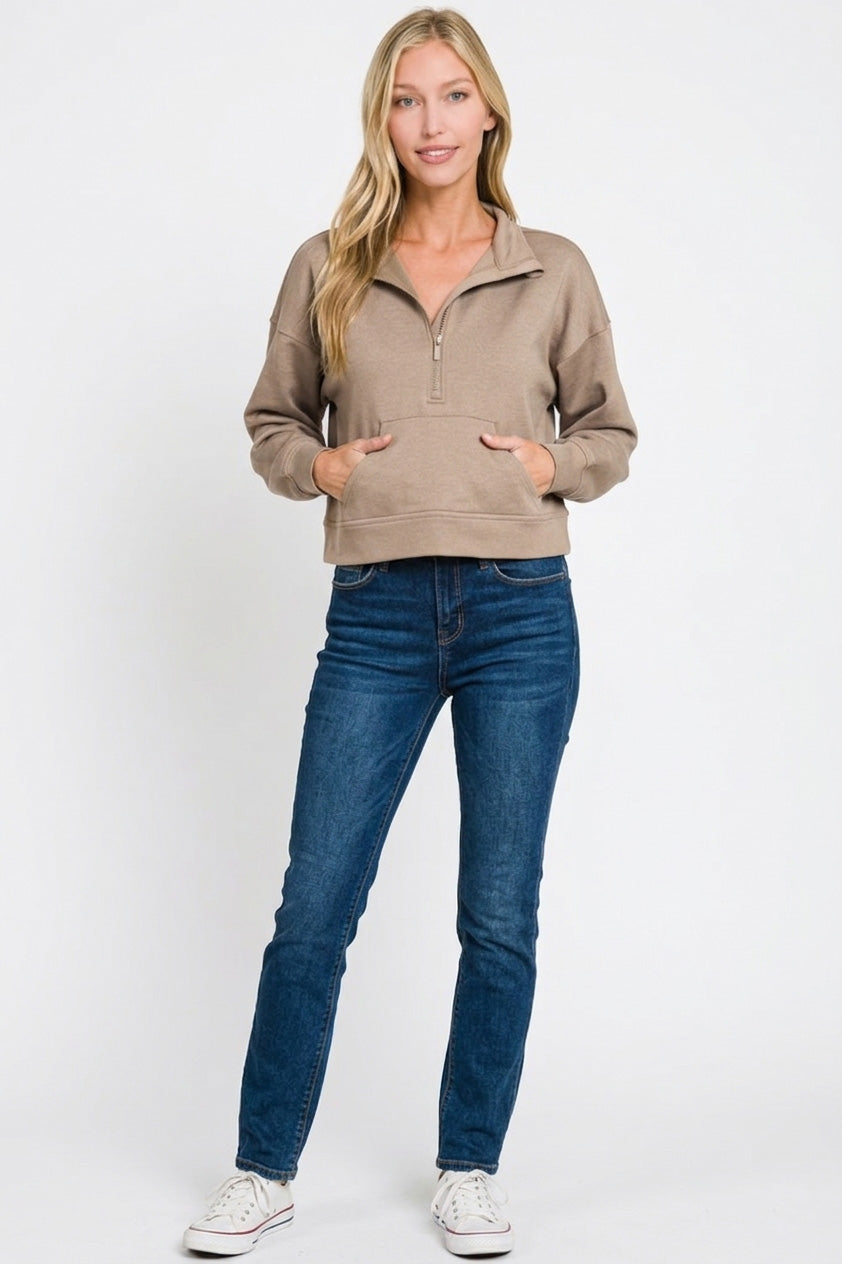 Cocoa Scuba Half Zip Pullover Sweatshirt-Kangaroo Pockets by Zenana full view