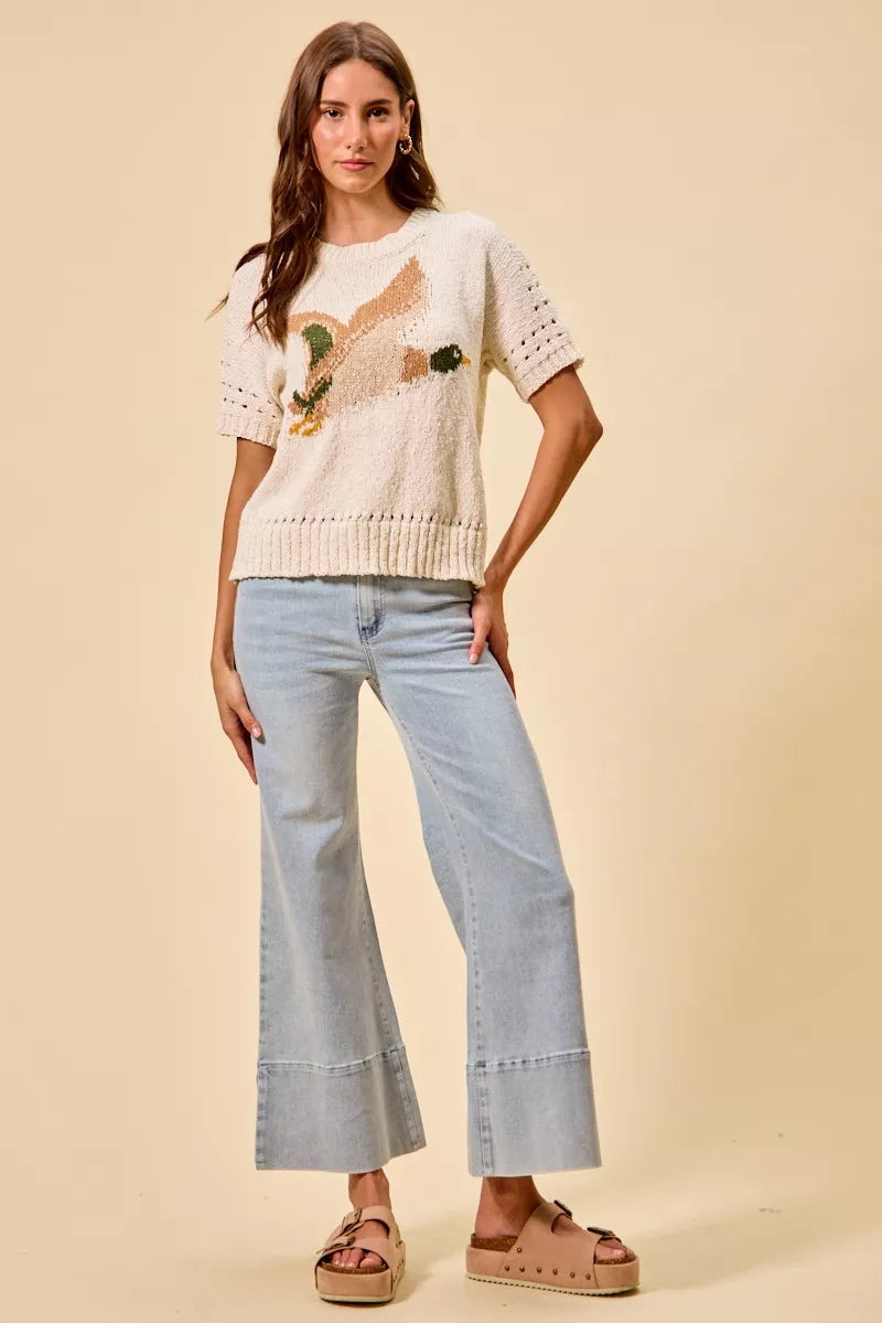 Cream Flying Duck Short Sleeve Sweater Top by SO ME Full View
