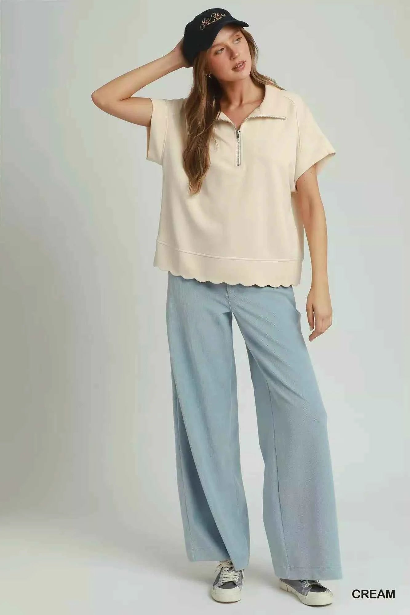 Cream Half Zip Short Sleeve Pullover Top w/ Scalloped Edge Hem by Umgee