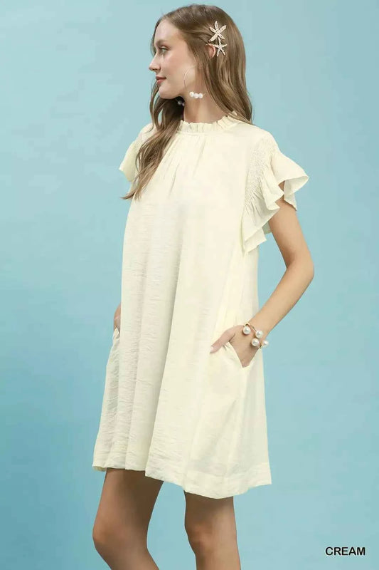 Cream Ruffle Flutter Sleeve A-Line Dress with Pockets by Umgee