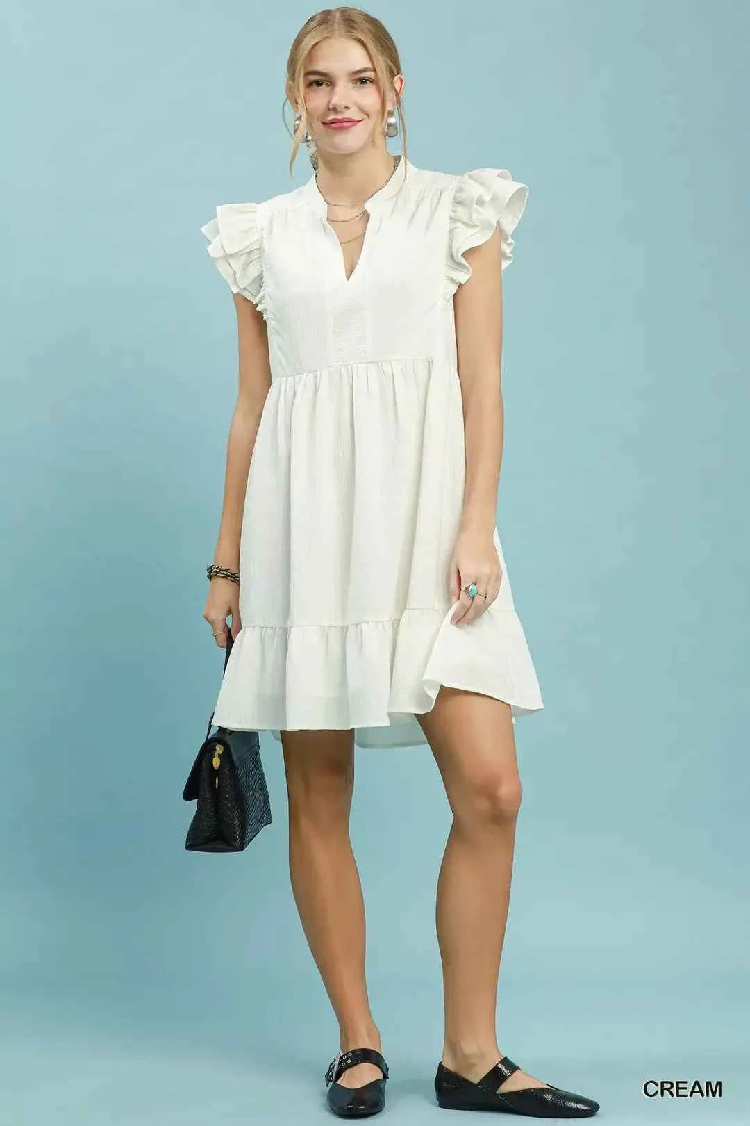 Cream Ruffle Sleeve Textured Babydoll Mini Dress by Umgee