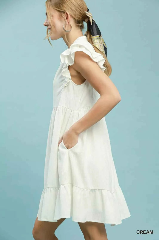 Cream Ruffle Sleeve Textured Babydoll Mini Dress by Umgee