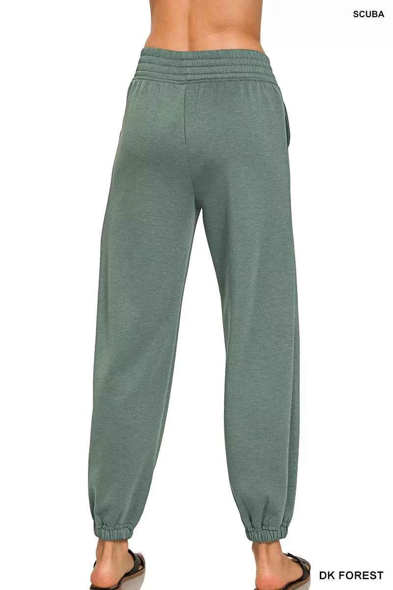 Dark Forest Green Scuba Elastic Waist Joggers with Pockets by Zenana Side View Back View