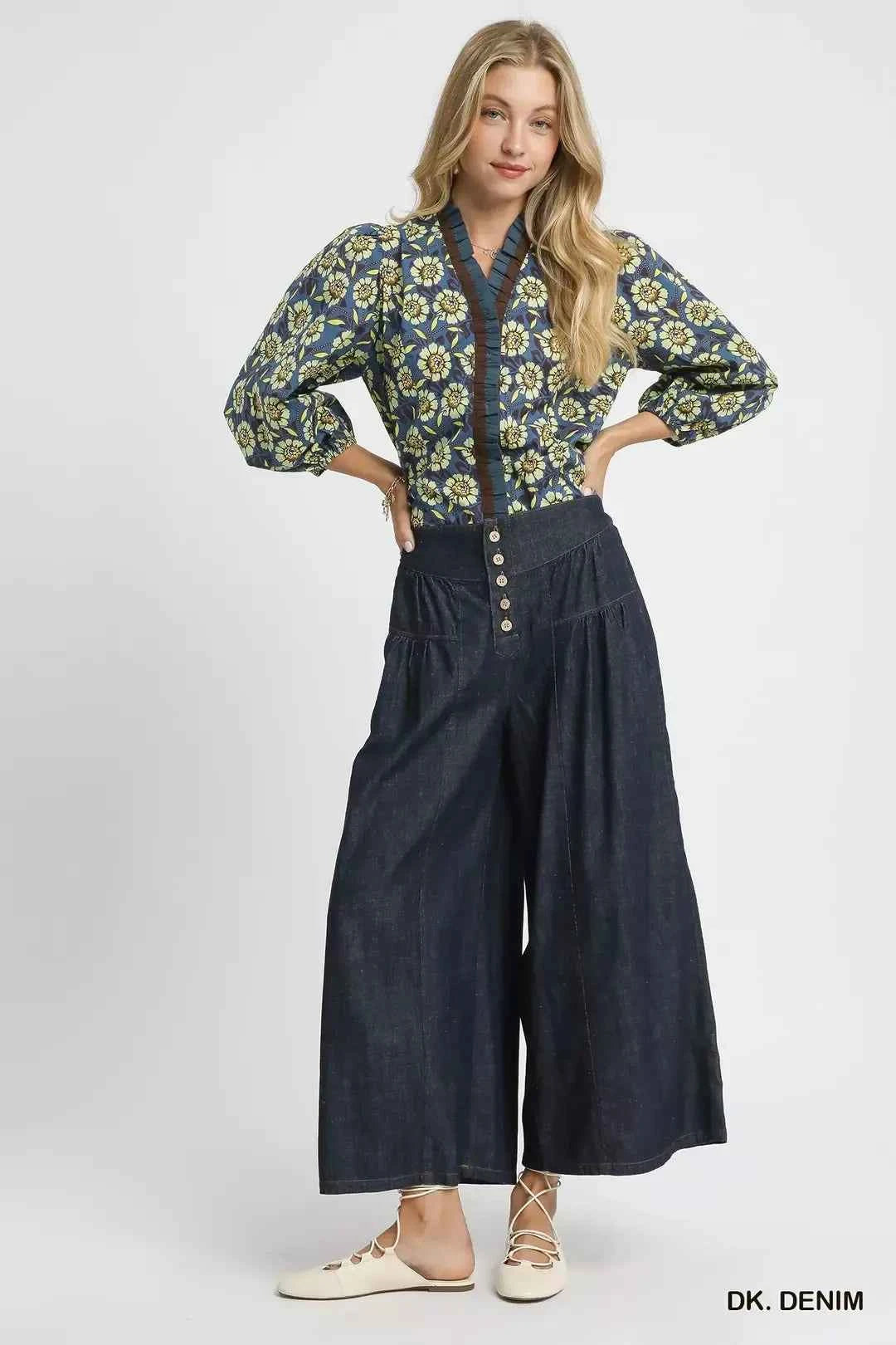 Dark Stone Washed Wide-Leg Button-Front Culottes by Umgee