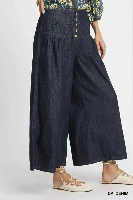 Dark Stone Washed Wide-Leg Button-Front Culottes by Umgee