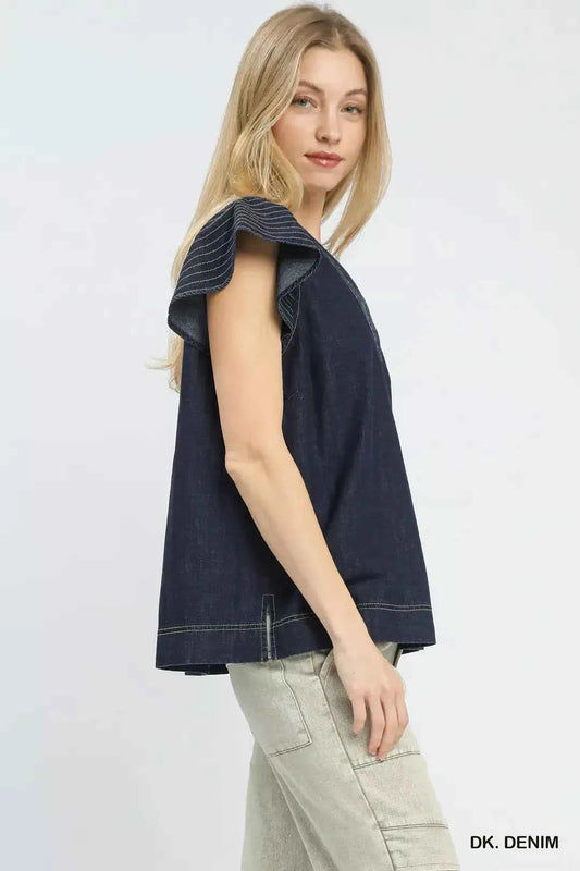 Dark Wash Denim Cap Sleeve Top w/ Split V-Neck & Side Slits by Umgee Side View