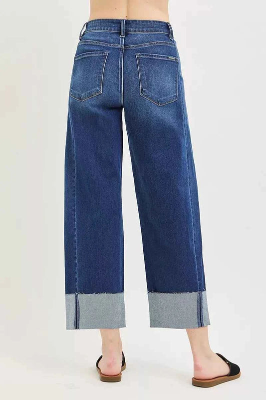 Dark Wash Full Size Slouchy Crop Barrel Cuffed Jeans Plus Size | Risen
