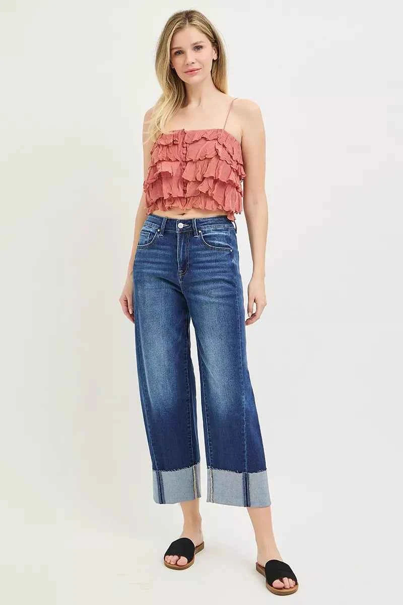 Dark Wash Full Size Slouchy Crop Barrel Cuffed Jeans Plus Size | Risen