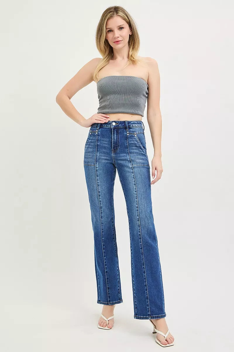 Dark Wash High Rise Straight Patch Pocket Seamed Jeans by Risen Full View