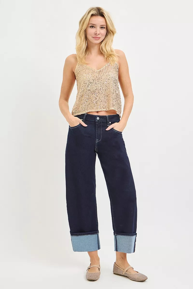 Dark Wash Slouchy Crop Barrel Cuffed Hem Jeans by Risen Full View