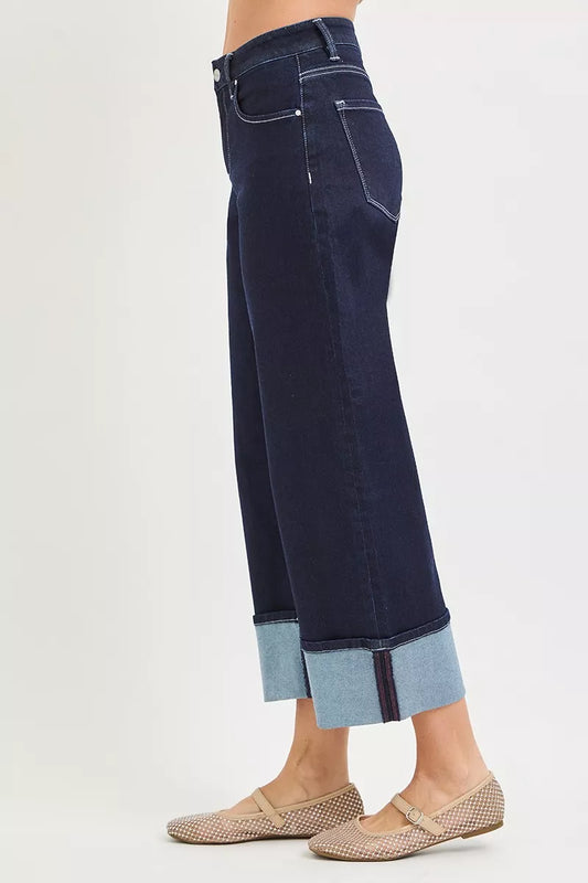 Dark Wash Slouchy Crop Barrel Cuffed Hem Jeans by Risen Side View