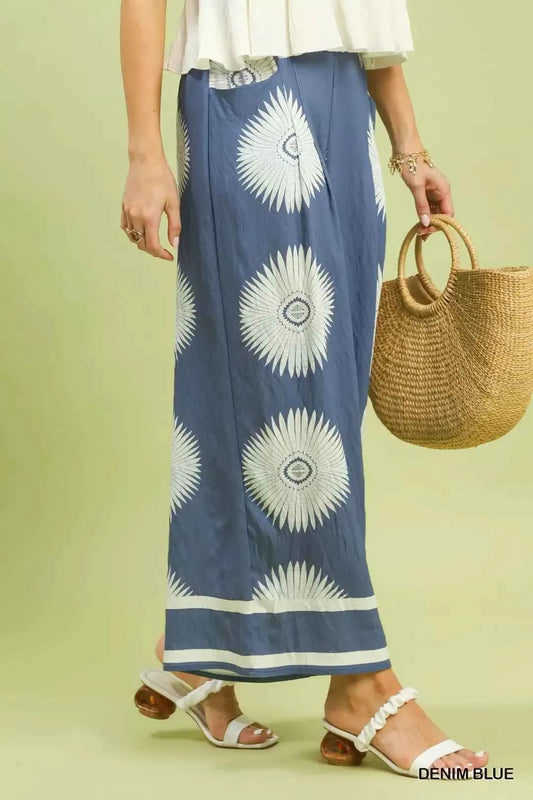 Denim Blue Abstract Border Print Wide Leg Pants w/ Pockets by Umgee