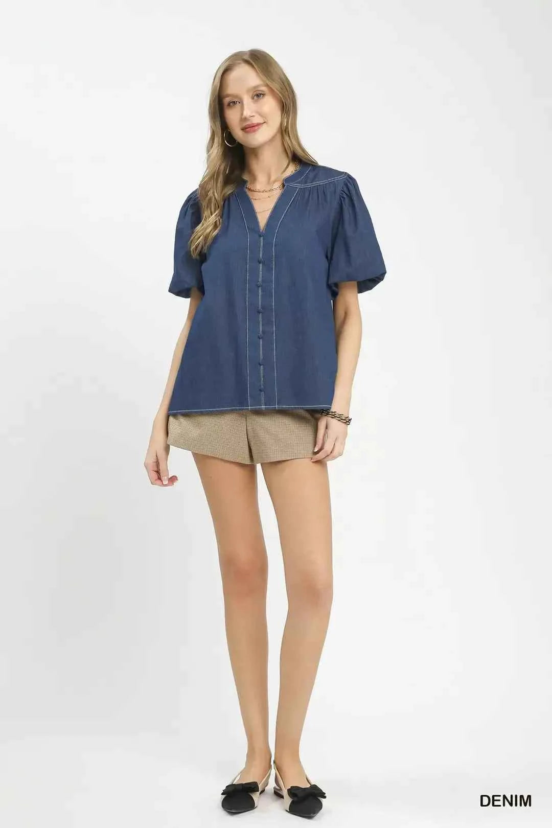 Denim Button Front Puff Sleeve Boho Blouse by Umgee